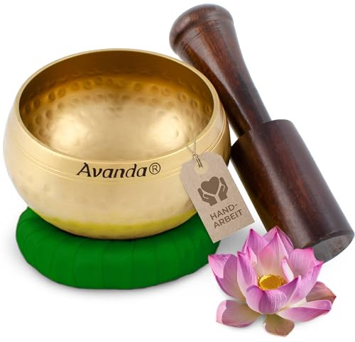 Tibetan singing bowl set for yoga, meditation and relaxation - hammered Tibetan singing bowl Ø 8 cm (3 in), mango wood mallet and ring cushion, green