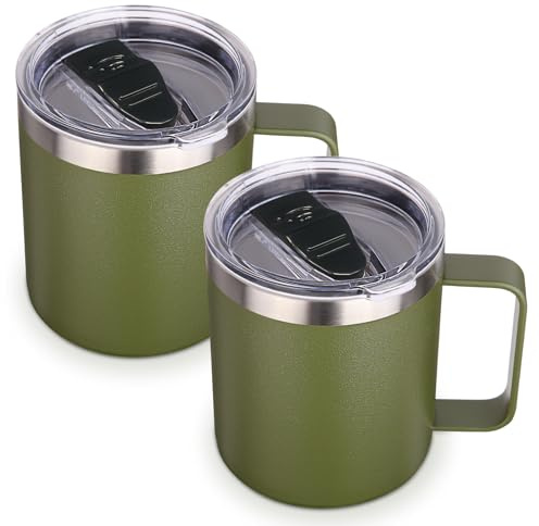 Volhoply 410 ml isolerad rostfritt stål kaffemugg med läcksäckt lock, 2-pack, dubbelväggsvakuum reskaffemugg med handtag, campingmugg håller varm/kall (Armegrön, 2)