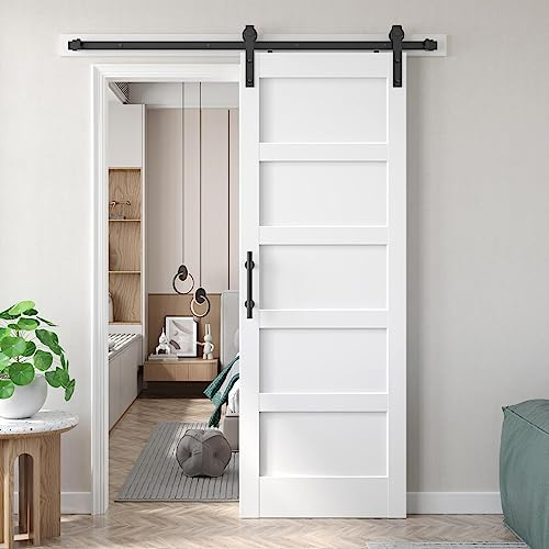 Fredbeck 71 x 213 cm vit ladugårdsdörr med 1,5 m skjutdörr hårdvarusats ingår och handtag, MDF, solid PVC-yta, gör-det-själv-montering, 5-panel