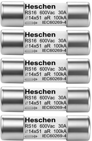 Heschen 5 fusibles cilíndricos de tubería de cerámica, RS16, tipo aR, 14 x 51 mm, 30 A, 600 V CA, 100 kA, 5 unidades