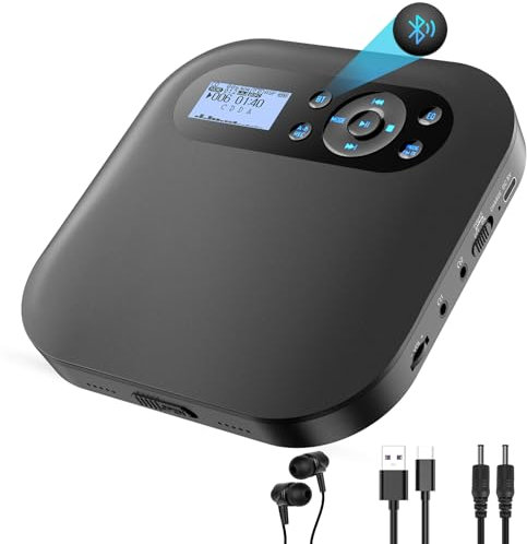 Tragbarer CD Player mit Bluetooth, NEU Wiederaufladbar Discman CD Player für Auto mit FM, Zwei Stereo Lautsprechers, Anti-Skip, Zwei Kopfhöreranschlüssen, für Geschenk,Zuhause