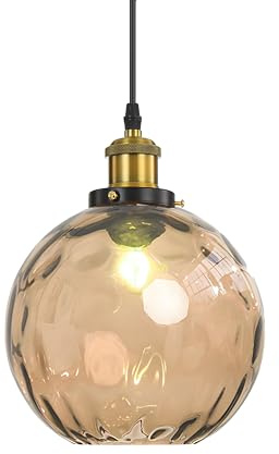 EKSED Lampadario a Sospensione Sferico in Vetro Ondulato - Lampada a Sospensione con Paralume in Ottone per Isola Cucina e Sala da Pranzo (Ambra, 20cm)