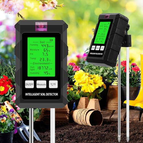 LADYSONS Testeur de pH du Sol 6 en 1, humidimètre Plantes avec fertilité du Sol/humidité/pH/température/lumière Solaire/humidité ambiante, avec écran LCD, pour Jardinage/Plante en Pot