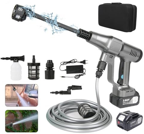 Akku Hochdruckreiniger, Max 200 Bar Mobiler Hochdruckreiniger mit 15000mAh Akku, 6-in-1 Multi-Sprühdüse 5M Schlauch für Auto, Terrasse, Garten, Zaun (Silber mit 2 Akku)