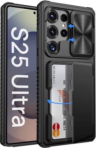 Vihibii for Samsung Galaxy S25 Ultra Case with Card Holder (4 Cards), Black | [RFID Blocking] & Slide Camera Cover & Military Grade Drop Protection, Heavy Duty, Wallet Case for Samsung S25 Ultra 6.9 5G