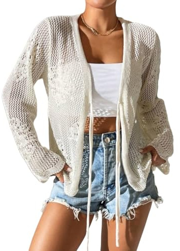 GKSMHD Cardigan D'été en Maille Ajourée pour Femme, Pull en Maille Florale À Nouer sur Le Devant Manches Longues Léger Ample Décontracté Court Résistant Protection Solaire, Blanc, XL