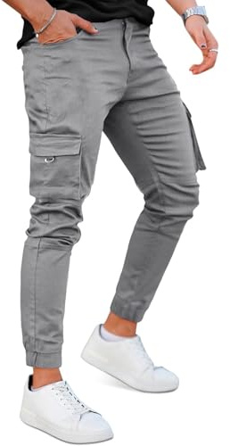 GINGTTO Pantaloni Cargo Uomo Slim Fit Elasticizzati Pantalone con Tasche Stretch Joggers Trousers Grigio 34
