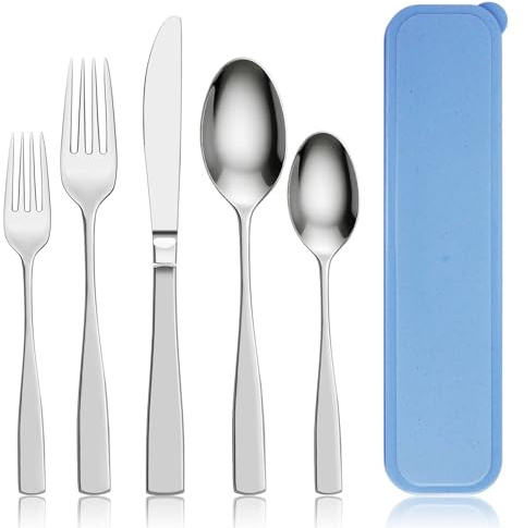 Camping Besteck, 5 Stück Reisebesteck Edelstahl mit Etui, Portable Campingbesteck 1 Person, Messer Gabel Löffel Set Spülmaschinenfest, Ideal für Reisen, Outdoor, Picknick, Schule, Büro