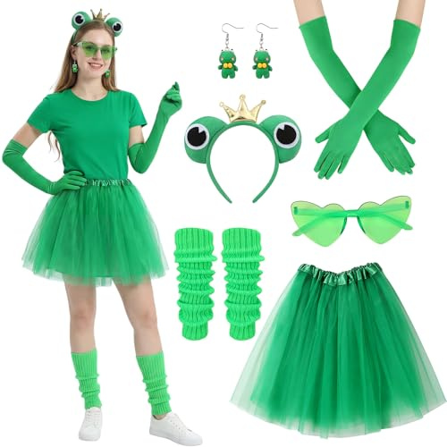 Apricitie 6 Stücke Frosch Kostüm Erwachsene Froschkönig Kostüm Damen Mit Haarreif,Handschuhe,Bein Stulpen,Tutu Tüllrock,Frosch Ohrringe Für Fasching Karneval Motto Party