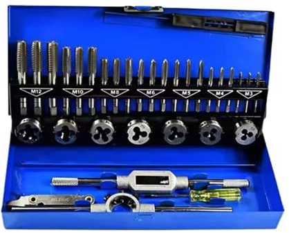 Juego de 32 piezas de machos y terrajas métricas for roscado manual (M3-M12) con llave inglesa y brocas de carburo de tungsteno. Incluye machos y terrajas for roscar tornillos.