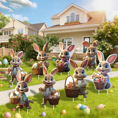 8 Stück Ostern Hof Schild für Gartendeko, Osterhasen Gartenstecker, 2D Ostern Werbeschilder, groß Osterdeko Outdoor, Ostereiersuche, frühlingsdeko draußen, Osterns Deko für Garten Rasen Yard (8 Stück)