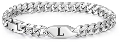 FLHEART Herren Armband mit Buchstaben Edelstah Panzerkette - Silber Kubanische Armbänder Gravur Initial A-Z Buchstabe, Geschenke für Männer Geburtstag Vatertagsgeschenk