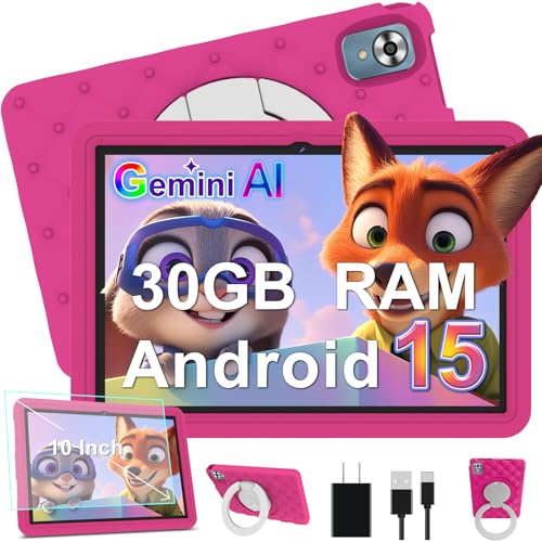 DMOAO Kinder Tablet 10 Zoll Android 15 mit 30GB RAM + 64GB ROM(2TB), 5G WLAN 6, Widevine L1, Elterliche Kontrolle, 8-Core, 6000 mAh, Kids Tablet mit Kinder Hülle EVA + 360° Drehbarer Ständer, Rosenrot