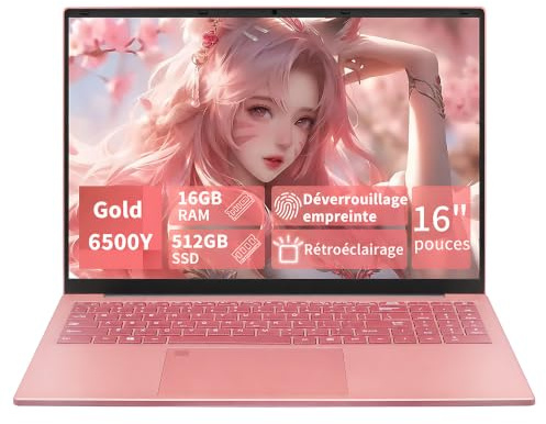 LONGEVINCE Ordinateur Portable 16 Pouces,Win11 Pro Pentium Gold 6500Y,16 Go RAM,Écran IPS 1920×1200,Avec une protection de clavier AZERTY en français,Wi-Fi 5,PC Portable Léger (Or Rose, 16GB+512G SSD)