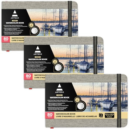 Arteza Aquarellbuch 9cm x 14cm, 2er-Pack mit jeweils 80 Seiten, 230g/m² kaltgepresstes säurefreies Aquarellpapier, gebunden in Leineneinband, für Aquarelltechniken und Mischtechnik
