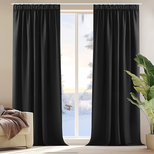 Deconovo Blickdichte Gardinen mit Kräuselband Vorhänge für Schienen Schwarz | 2er Set, H 240 x B 140 cm, Thermovorhänge, Schlafzimmer Gardinen, Schlafzimmer Vorhänge, für Thermal Curtains, Sichtschutz