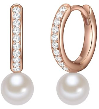 Valero Pearls Damen-Creolen Sterling Silber 925 rosévergoldet Süßwasser-Zuchtperlen Zirkonia weiß - Ohrhänger für Frauen