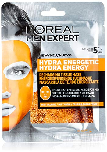 L'Oreal Paris Men Expert - Set regalo da uomo, maschera per il viso in tessuto, confezione multipla con taurina rigenerante, 0,276 kg