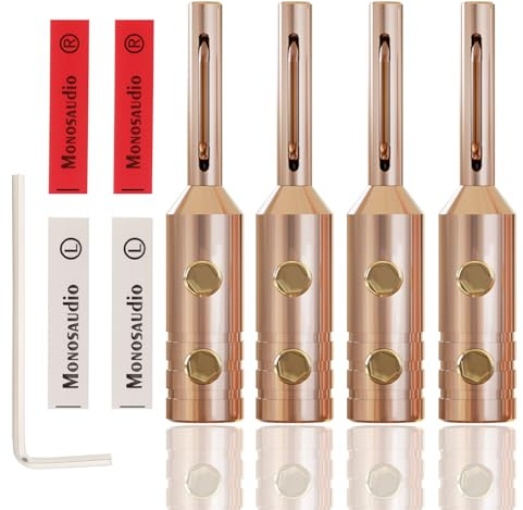 Monosaudio 4 Stück High-End Bananenstecker 4mm | Reines Kupfer mit 3-Schicht-Plattierung, Doppelschraubverschluss, Für 10-17AWG Lautsprecherkabel, Heimkino/Verstärker