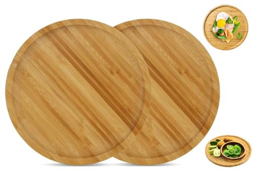 JMIATRY 2 Stück Bambus Untersetzer Rund, Holztablett Rund 20cm, Untersetzer Holz für Tee, Kaffee, Lebensmittel, Heimdekoration