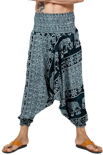 Boho Hippie Harem Pants Jumpsuit for Women – Lightweight Rayon Loose Dhoti Trousers with Elastic Waist for Lounge & Travel (Elephant Aegean_S)