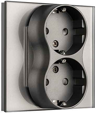 BSEED Schuko Doppelsteckdose Unterputz - 2 Fach Auf Einem Sockel, Glas, Passt in Unterputzdose, 16Amp EU Wandsteckdose Grau - 86mm