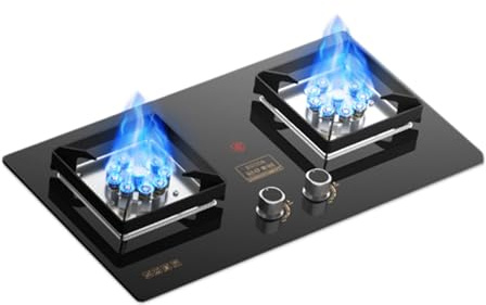 Estufa De Gas Con 2 Quemadores, Quemador Wok De Alto Fuego De 5,2 KW Y 9 Cavidades, Rejilla For Ollas De Hierro Fundido Con Panel De Vidrio Templado, Con Protección Contra Llamas, Temporizador ( Size