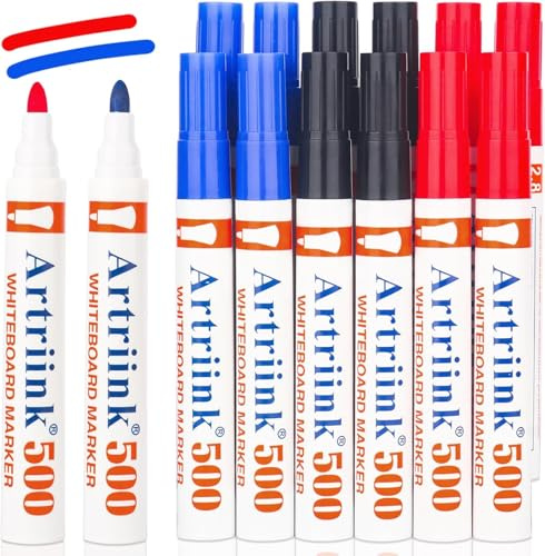 Dachiy 12 penne Pennarello per lavagna bianca, nero, rosso, blu, larghezza linea circa 2 – 5 mm, cancellabile a secco, senza lasciare residui, cancellabile per ufficio