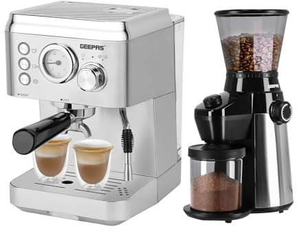 GEEPAS 1140W Espresso & Cappuccino Coffee Machine & Conical Burr Coffee Grinder Combo Set | Milk Frother, 1.8L Water Tank | Coffee Grinder with 15 Precise Grind Settings, 350g Capacity, Burr Mill