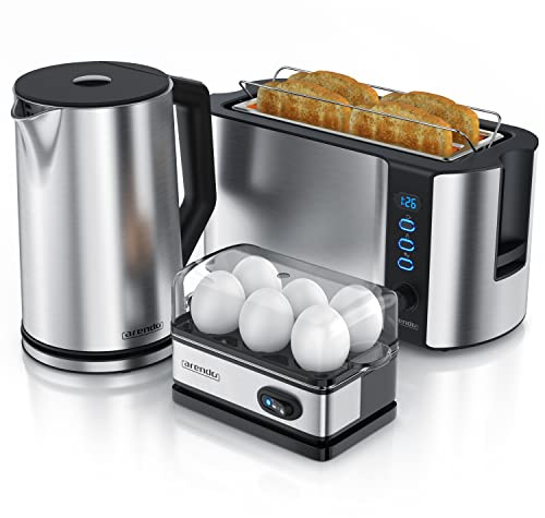 Arendo Ensembles Bouilloire et grille-pain et cuiseur à oeufs Bouilloire en inox 1,5L 40°-100°C, Toaster 4 Tranches Ecran LED 6 niveaux de brunissage, Cuiseur à oeufs 1-6 oeufs, Verre doseur Gris
