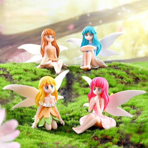 Purple Star 4PCS Fairies for Fairy Gardens Accessories Ornaments Small Fairies Figures Miniature Figurines Plastic Fairy Cake Topper Decorations Mini Statues Gifts White