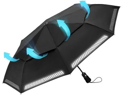 Chakipee Paraguas Plegable Antiviento Automatico Reflectante Negro Resistente Al Viento con Doble Cubierta Compacto para Mujer y Hombre Paraguas de Viaje 8 Varillas