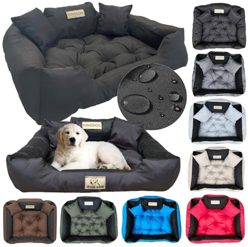KING DOG Lit pour Très Grands Chiens 3XL 145 x 115 cm Personnalisable avec Nom Coussin Imperméable Déhoussable Lavable Canapé Confortable Moelleux Douillet Antidérapant Fabriqué en UE Couleur Noir