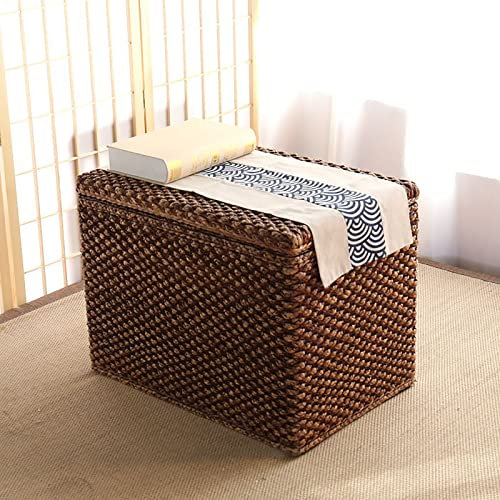 Rustikale Rattan-Aufbewahrungsbank für Wohnzimmer, handgewebt, Rattan, Seegras, Ottomane mit Truhe, Landhaus-Design, Bettbank, Hocker, Walnussholz-Finish, 50 x 40 x 45 cm