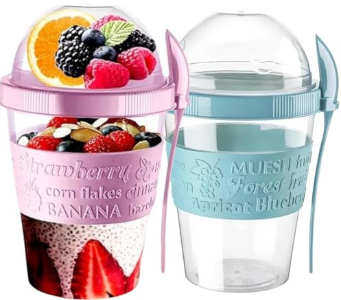 Pro Home 2-Set Yoghurt Pots 600ml With Lid & Spoon Airtight Dishwasher Safe BPA Free Muesli Cups Overnight Oats Jar Storage On The Go Yogurt Cup Cereal Container (Blue & Pink)