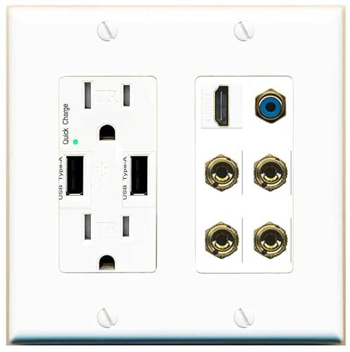 RiteAV 2 altavoces 4 banana Binding Post Wall Plate con 1 HDMI y RCA Jack - Cargador USB [Blanco]