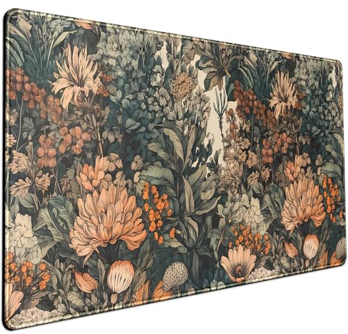 Boho Aesthetic Desk Mat Wildflowers Large Mouse Pad Gaming Pad, XXL Keyboard Mat Full Desktop Women Office Desk Accessories with Stitched Edges Anti-Slip Funny Deskpad, 31.5 X 15.8 in