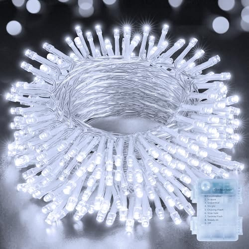 Hopexy Battery Fairy Lights, 15m 150 LEDs Fairy Lights Battery Operated with Timer, Waterproof Cool White String Lights with 8 Modes/Indoor Outdoor for Bedroom Wedding Garden Decorations