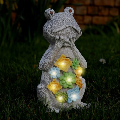 Solar Frog Garden Ornament with Lights – Pack of 1 - 24cm/9.5 inch Outdoor Frog Statue with Succulent Plant & LED Lights, Decorative Figurine for Patio, Balcony, Yard, Lawn – Unique Housewarming Gift