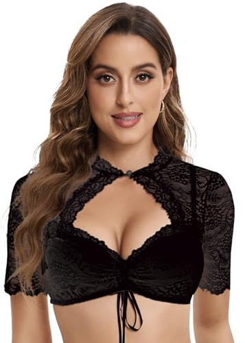 Goxozzy Dirndl-blus, dam, Oktoberfest, traditionell blus, sexig jacquard med knapp, vit, svart, storlekar 34–44, svart, 44