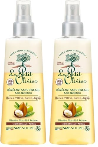 LE PETIT OLIVIER - Spray Démêlant Soin Nutrition - Sans Rinçage et Silicone- Huiles D'Olive, Karité & Argan - Démêle, Réparle & Nourrit - Cheveux Secs & Abîmés - Fabriqué en France - 150 ml (Lot de 2)