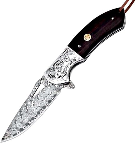 Joa Couteau de poche Damas - Couteau pliant léger en acier de Damas - Manche en bois d'ébène