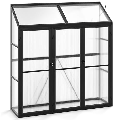 GOPLUS Invernadero Exterior 180 X 52 X 190 CM, Invernadero de Policarbonato con Estructura de Aluminio, Ventana en el Techo, 3 Puertas con Cerradura, para Jardín Patio Trasero, Flores Frutas Verduras