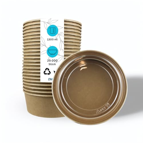 Enpack - 1300ml Bowl für Lebensmittel aus Kraft Papier mit RPET Deckel - Einweg Papp-Salatschale mit PLA Innenbeschichtung - Bio-Schale (50)