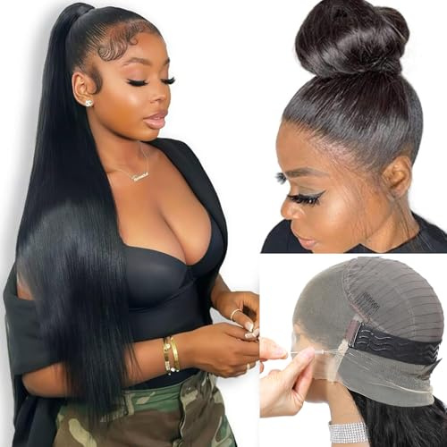 RXY Hidden Straps Perücke Damen Echthaar 360 Full Lace Front Human Hair Wig With Drawstring，Invisible Strap 200% Dichte Straight Echthaar Perücke Pre Plucked With Baby Hair for Women 18 Zoll（46cm)