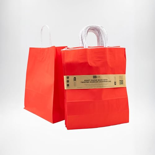 Bicapack - 25 sacs en papier kraft couleurs basiques avec poignées torsadées (24 x 10 x 30 cm) | Papier 100 % recyclé haute résistance (80 g/m²) | Écologiques et polyvalents (rouge)