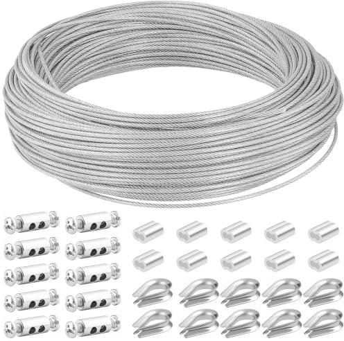 FAAING 2 mm mantlad stålvajersats, 50 m rostfritt stål vajer set med 10 kabelklämmor, 10 vajerkabelskor. 10 aluminiumhylsor, rostfri ståltråd för gardinrep, tvättlina, repspänningsset