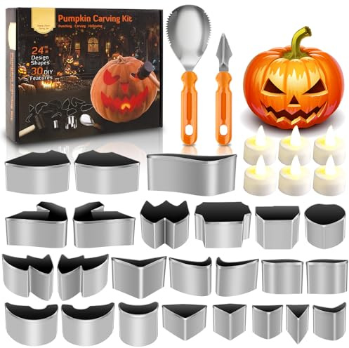 SGZIOO 24 Stück Halloween Kürbis Schnitzset, Edelstahl Schnitzwerkzeug Kürbis, Kürbis Schnitzen Werkzeug mit 2 Schnitzmesser und 6 Kerzen, Kürbisschnitz Set Kinder und Erwachsene für Halloween Deko