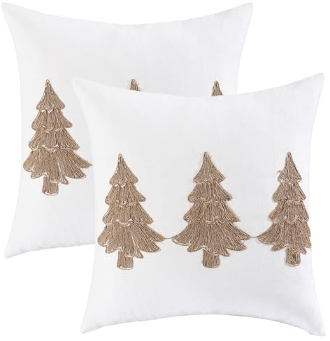 Tosleo 2er Set Winter Kissenbezüge Seilstickung Tannenbäume Weihnachtsbaum Stickerei 45 x 45 cm Leinen Kissenbezug Weihnachten Sofakissen Kissenhülle für Sofa Couch Schlafzimmer Wohnzimmer