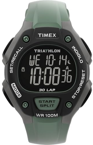 Timex Montre Triathlon Classic 30 Lap 38 mm pour Homme - Bracelet Vert - Cadran numérique - Boîtier Noir